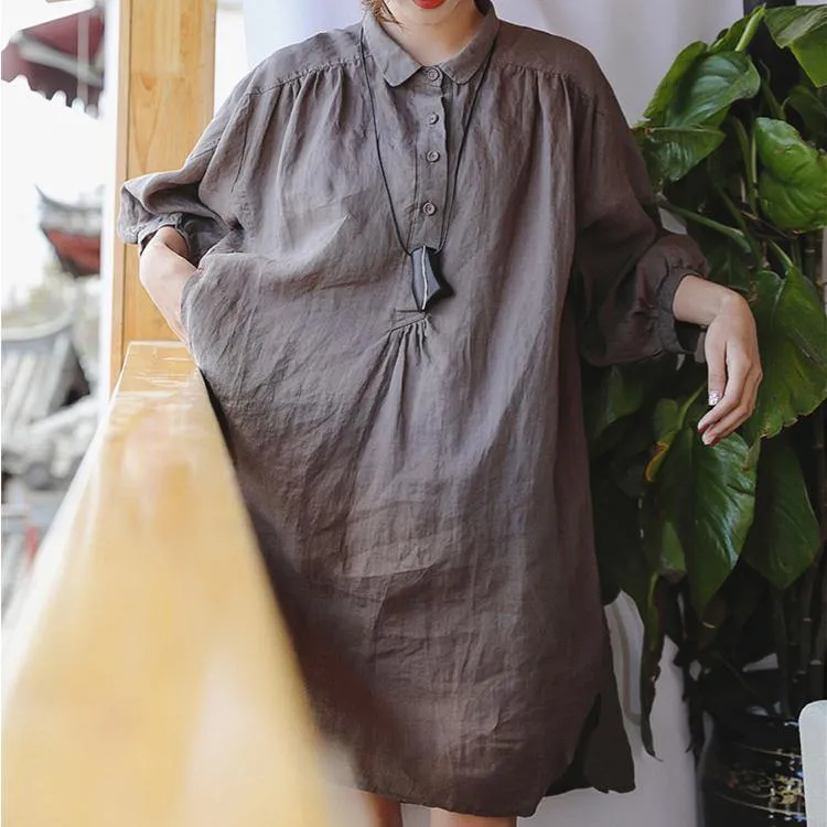 2019 chocolate linen shift dress plus size clothing linen clothing dresses 2018 Three Quarter sleeve baggy dresses Peter pan Collar dresses