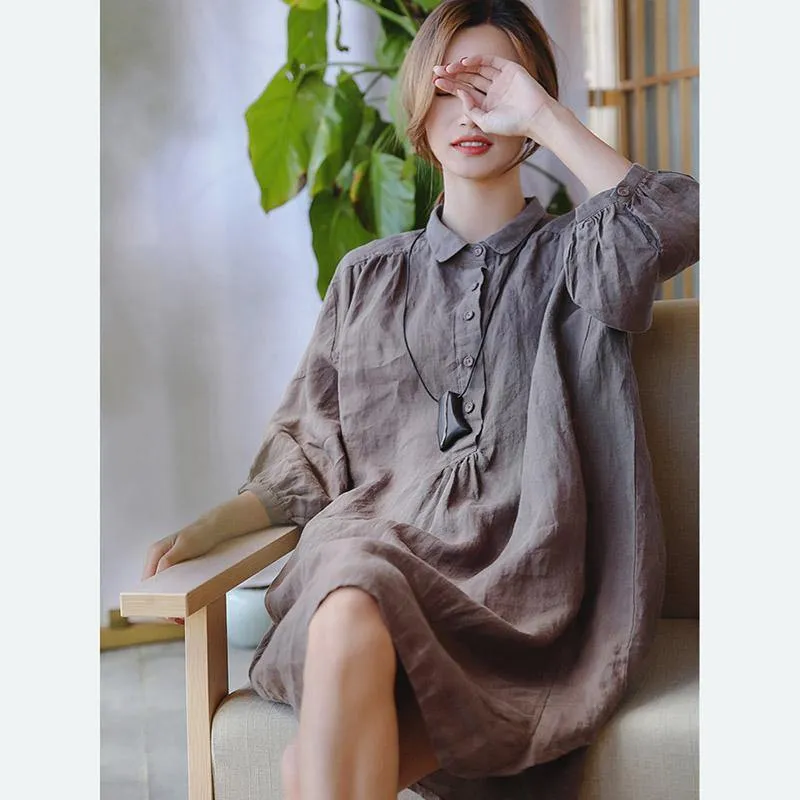 2019 chocolate linen shift dress plus size clothing linen clothing dresses 2018 Three Quarter sleeve baggy dresses Peter pan Collar dresses