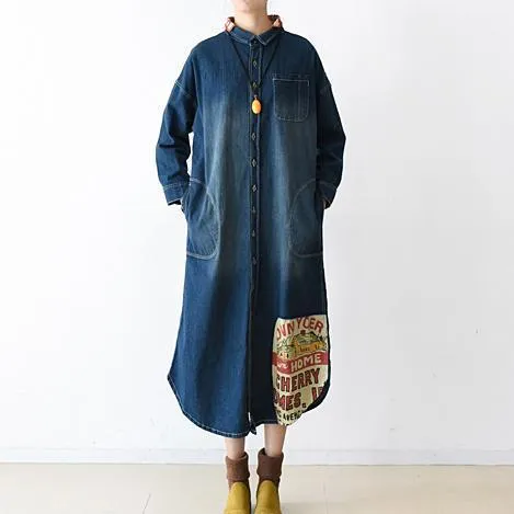 2021 fall denim dresses plus size long patchwork denim shirt dress casual style