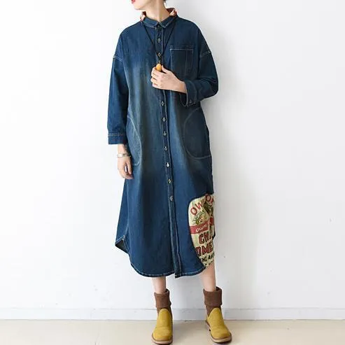 2021 fall denim dresses plus size long patchwork denim shirt dress casual style