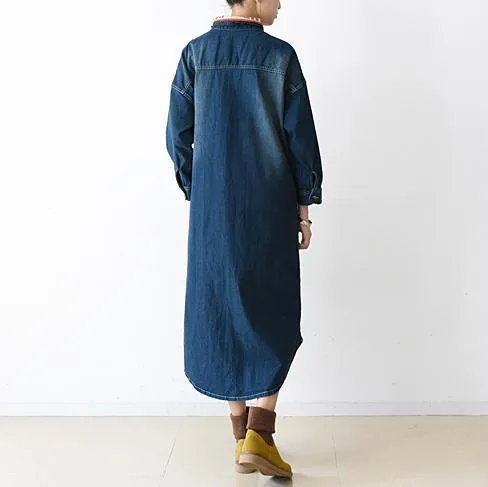 2021 fall denim dresses plus size long patchwork denim shirt dress casual style