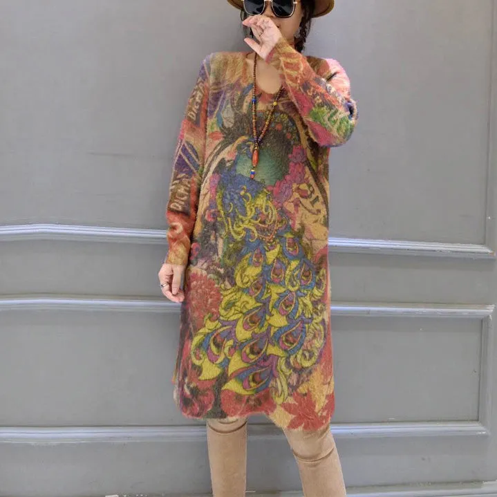 2021 vintage elastic woolen sweater dresses loose phoenix print casual women  cozy knit dress