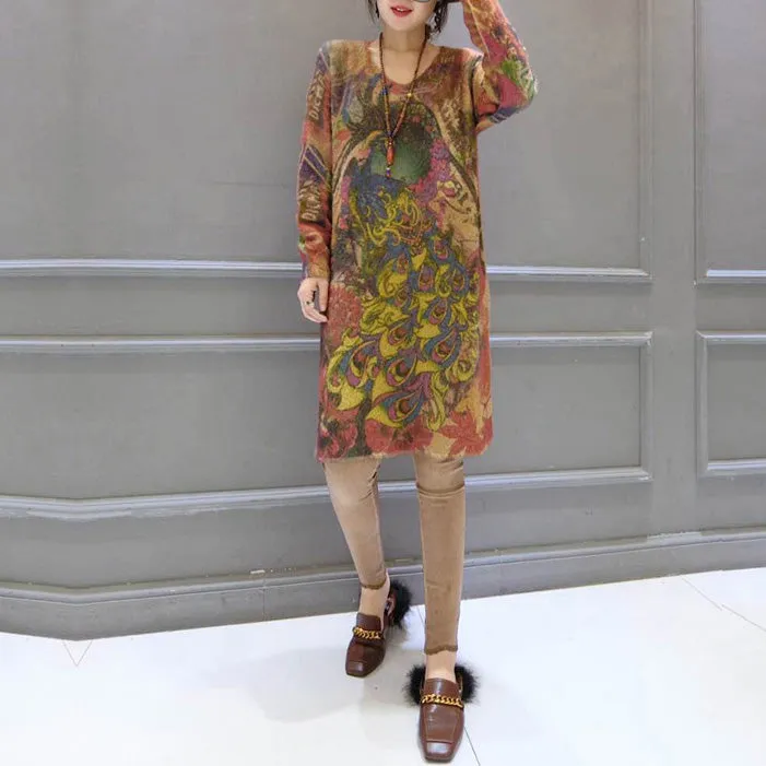 2021 vintage elastic woolen sweater dresses loose phoenix print casual women  cozy knit dress