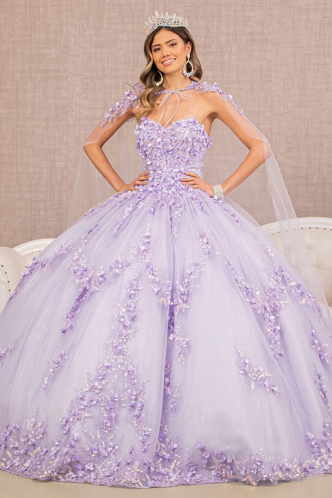 3D Floral Strapless Cape Ball Gown by Elizabeth K GL3103