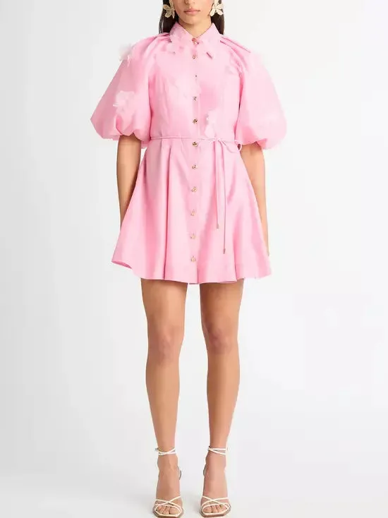 3D-Petal Belted Mini Shirt Dress in Pink