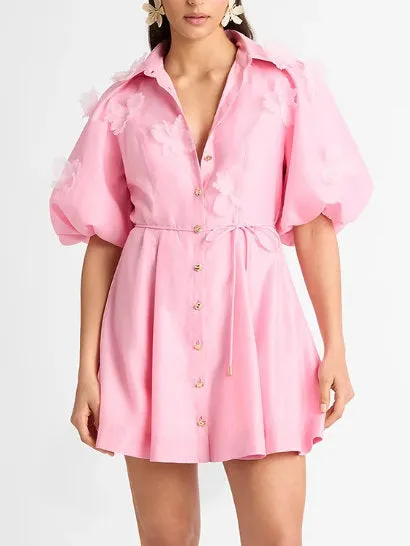 3D-Petal Belted Mini Shirt Dress in Pink