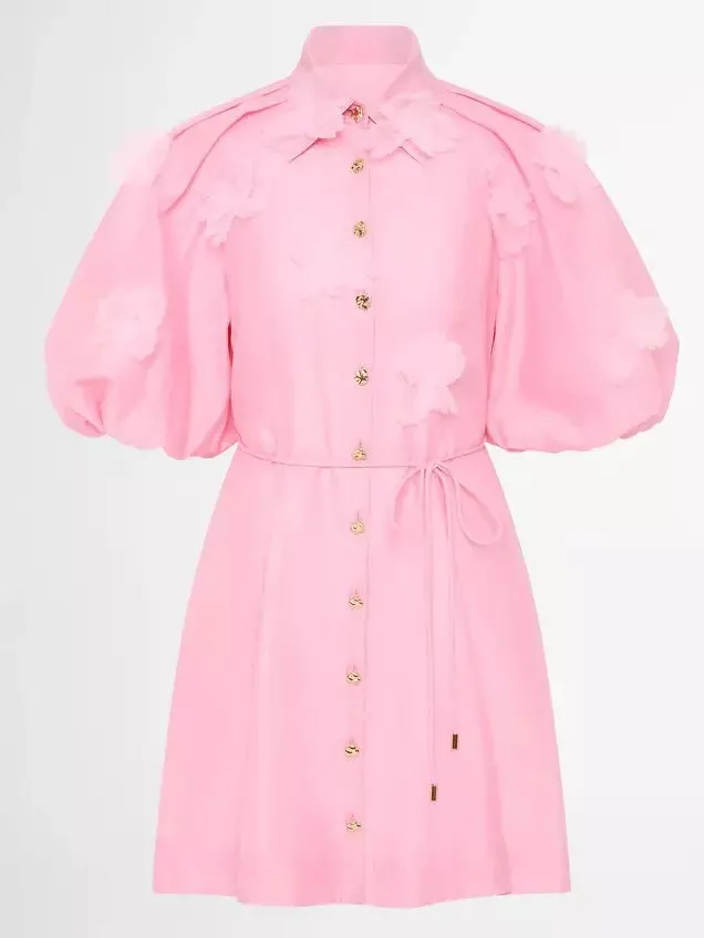 3D-Petal Belted Mini Shirt Dress in Pink