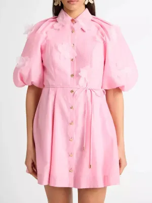 3D-Petal Belted Mini Shirt Dress in Pink