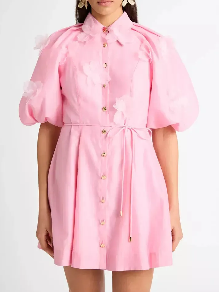 3D-Petal Belted Mini Shirt Dress in Pink