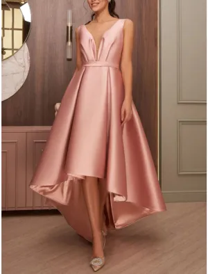 A-Line Cocktail Dresses Elegant Dress Wedding Wedding Guest Asymmetrical Sleeveless V Neck Satin with Bow(s) Pleats