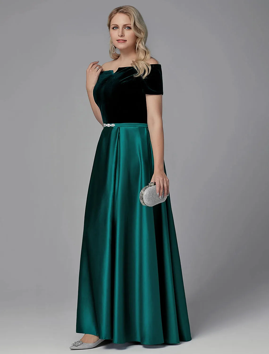 A-Line Special Occasion Dresses Elegant Dress Wedding Guest Formal Evening Floor Length Short Sleeve Off Shoulder Satin with Crystals