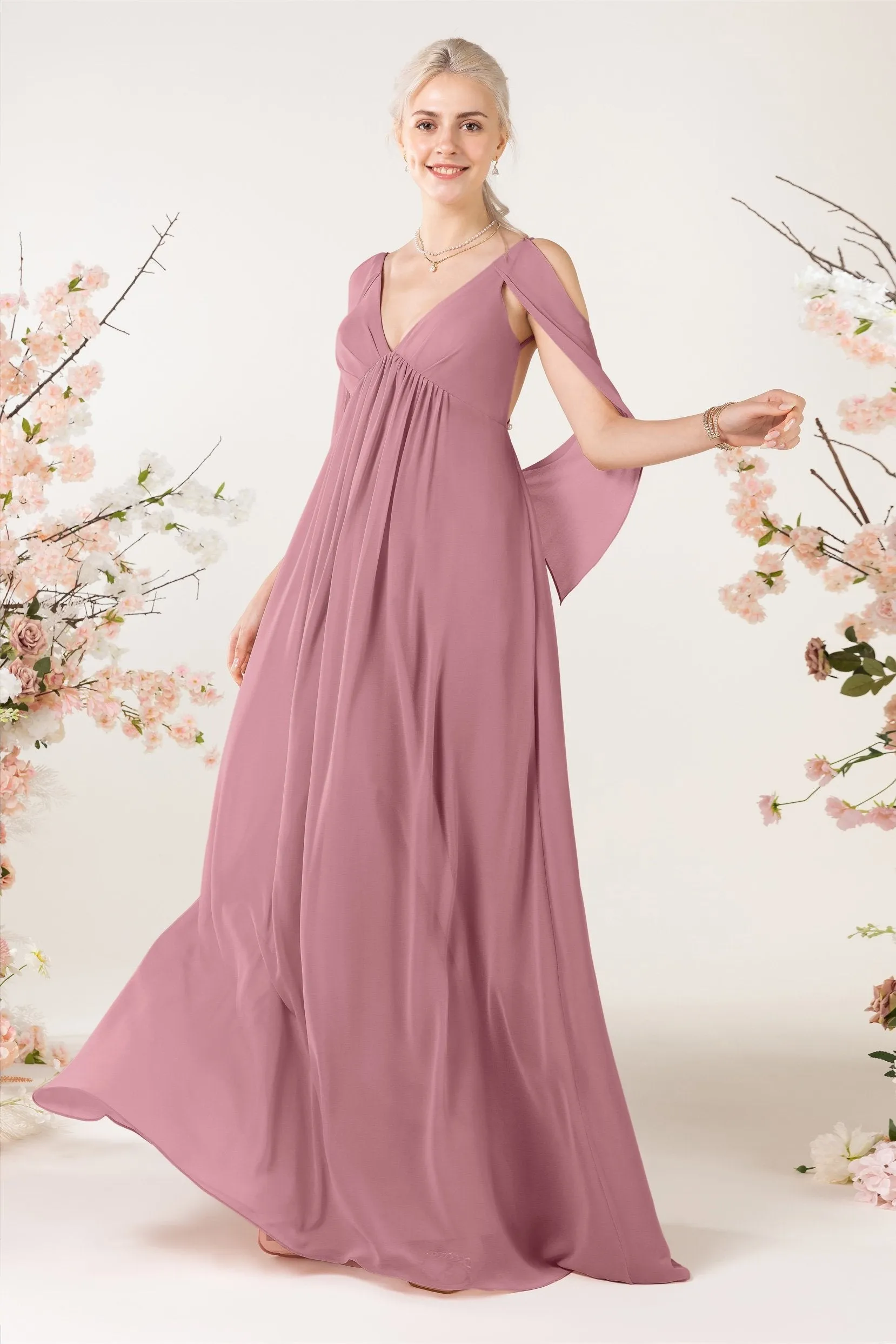 A-Line Sweep-Brush Train Chiffon Bridesmaid Dress CB0458