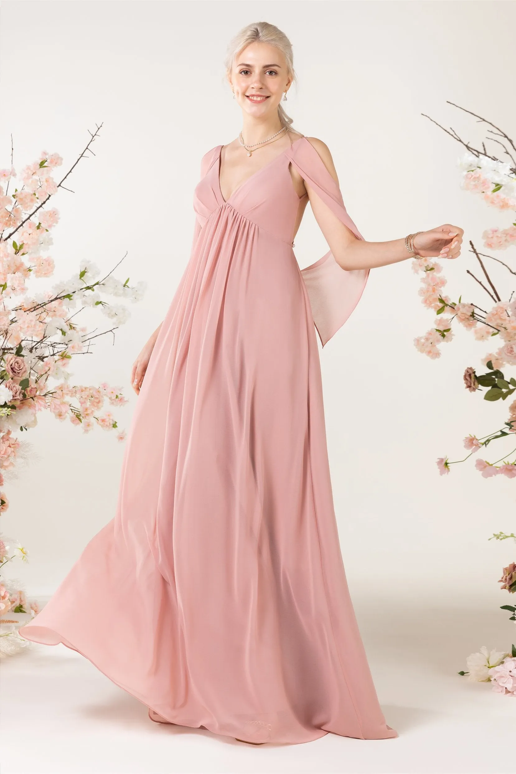 A-Line Sweep-Brush Train Chiffon Bridesmaid Dress CB0458