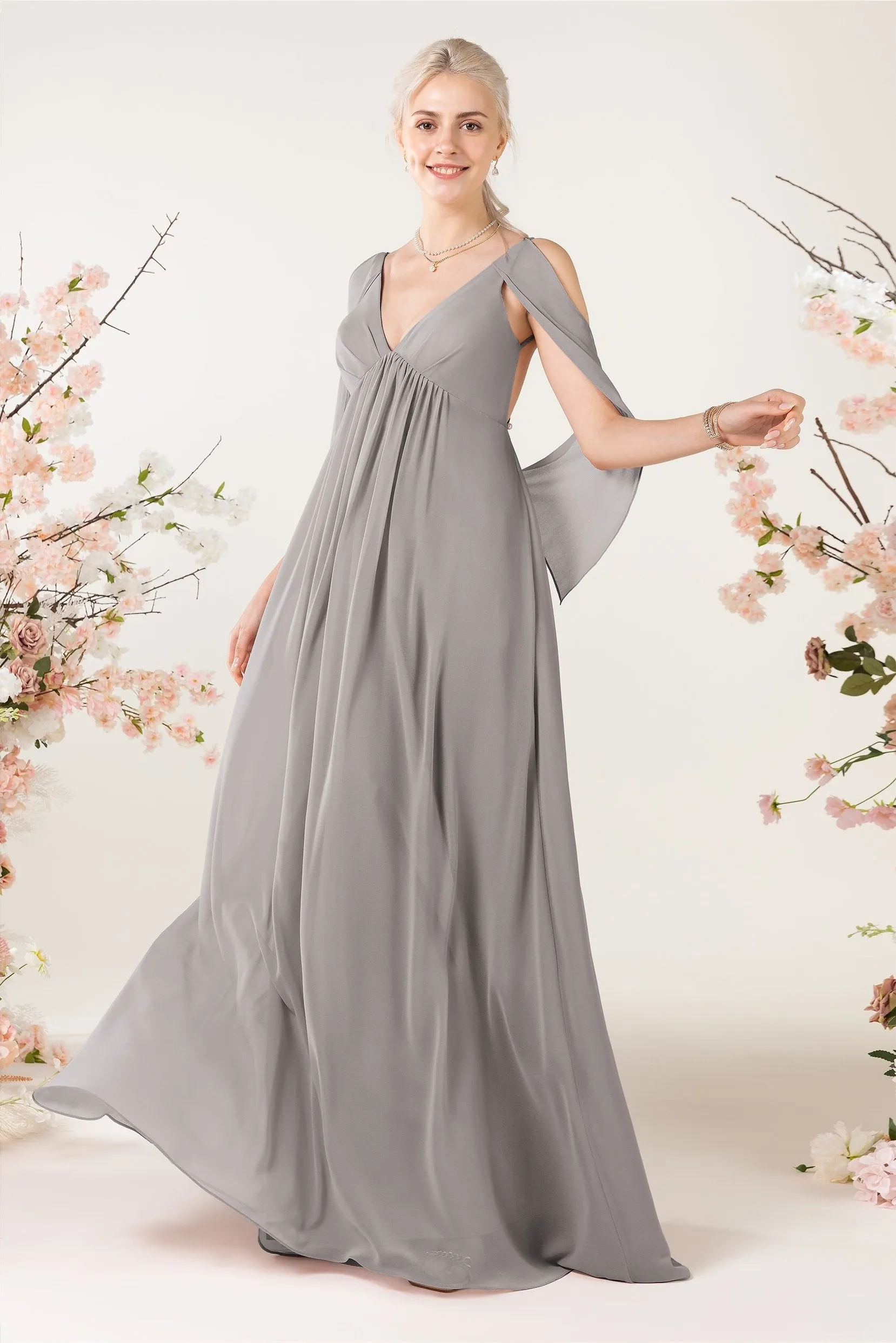 A-Line Sweep-Brush Train Chiffon Bridesmaid Dress CB0458