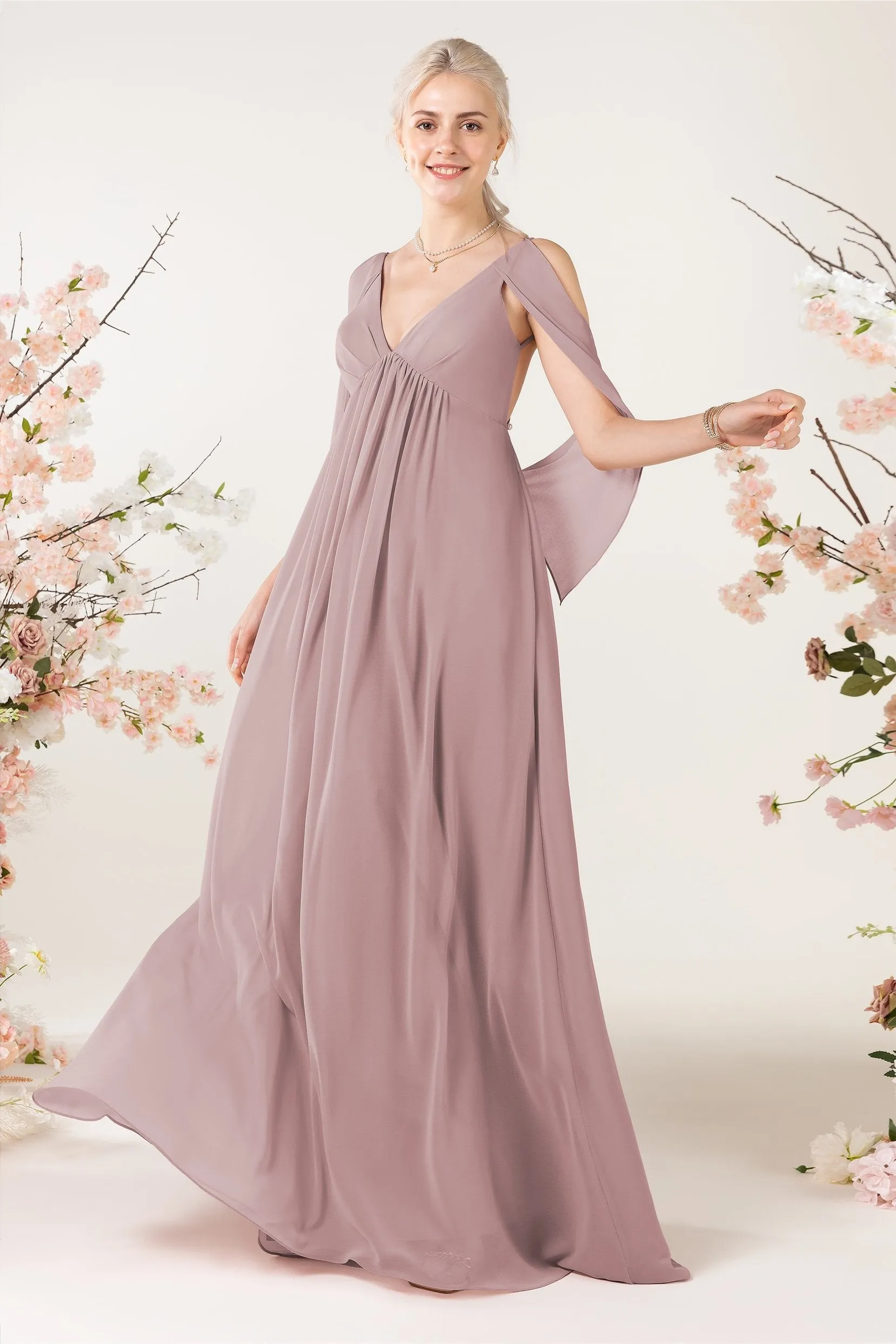 A-Line Sweep-Brush Train Chiffon Bridesmaid Dress CB0458