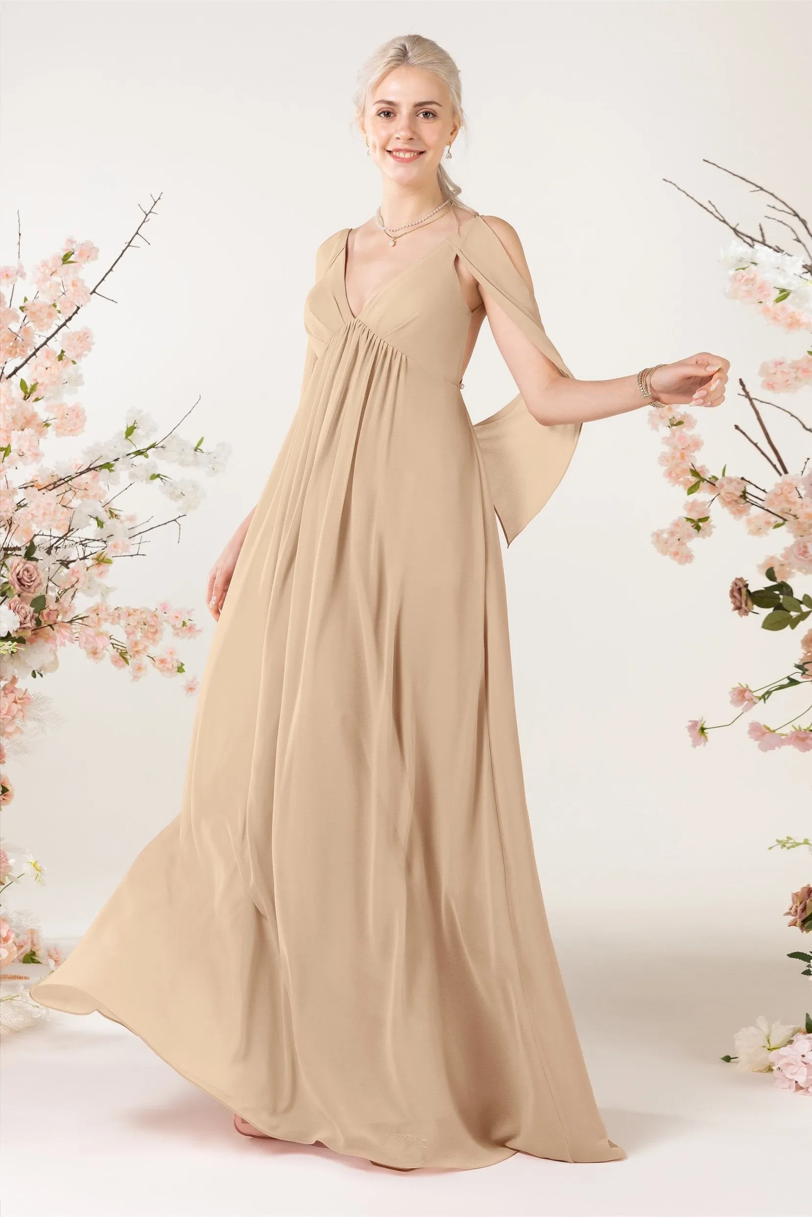 A-Line Sweep-Brush Train Chiffon Bridesmaid Dress CB0458