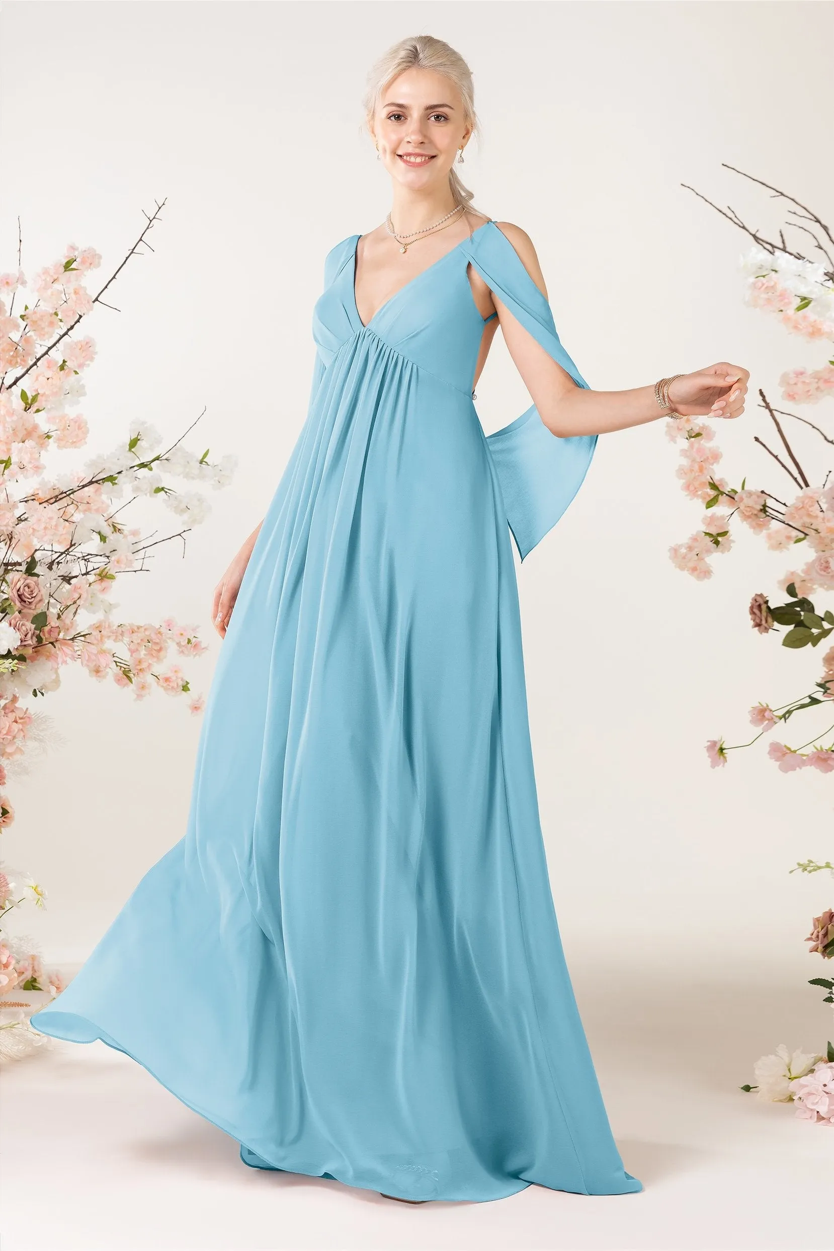 A-Line Sweep-Brush Train Chiffon Bridesmaid Dress CB0458