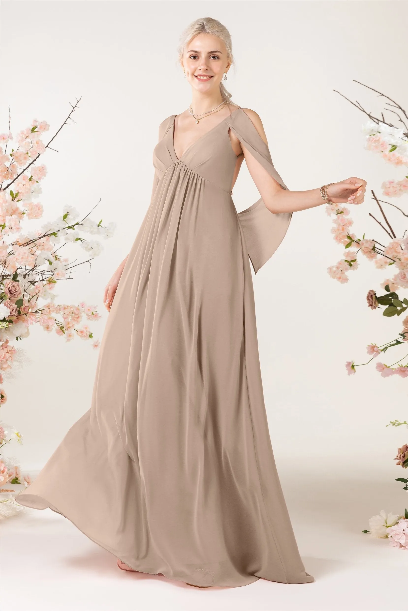 A-Line Sweep-Brush Train Chiffon Bridesmaid Dress CB0458