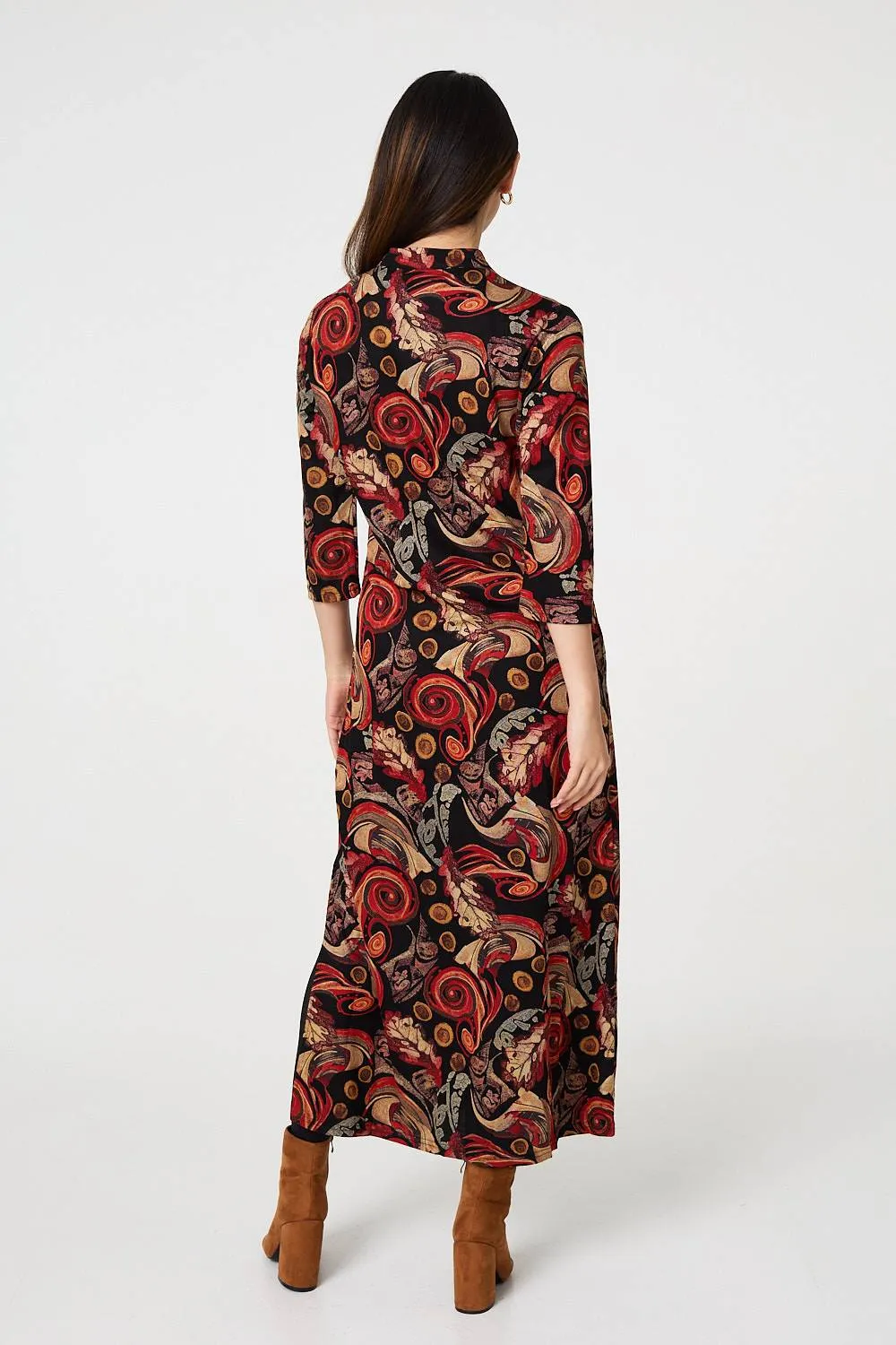 Abstract 3/4 Sleeve Maxi Shift Dress