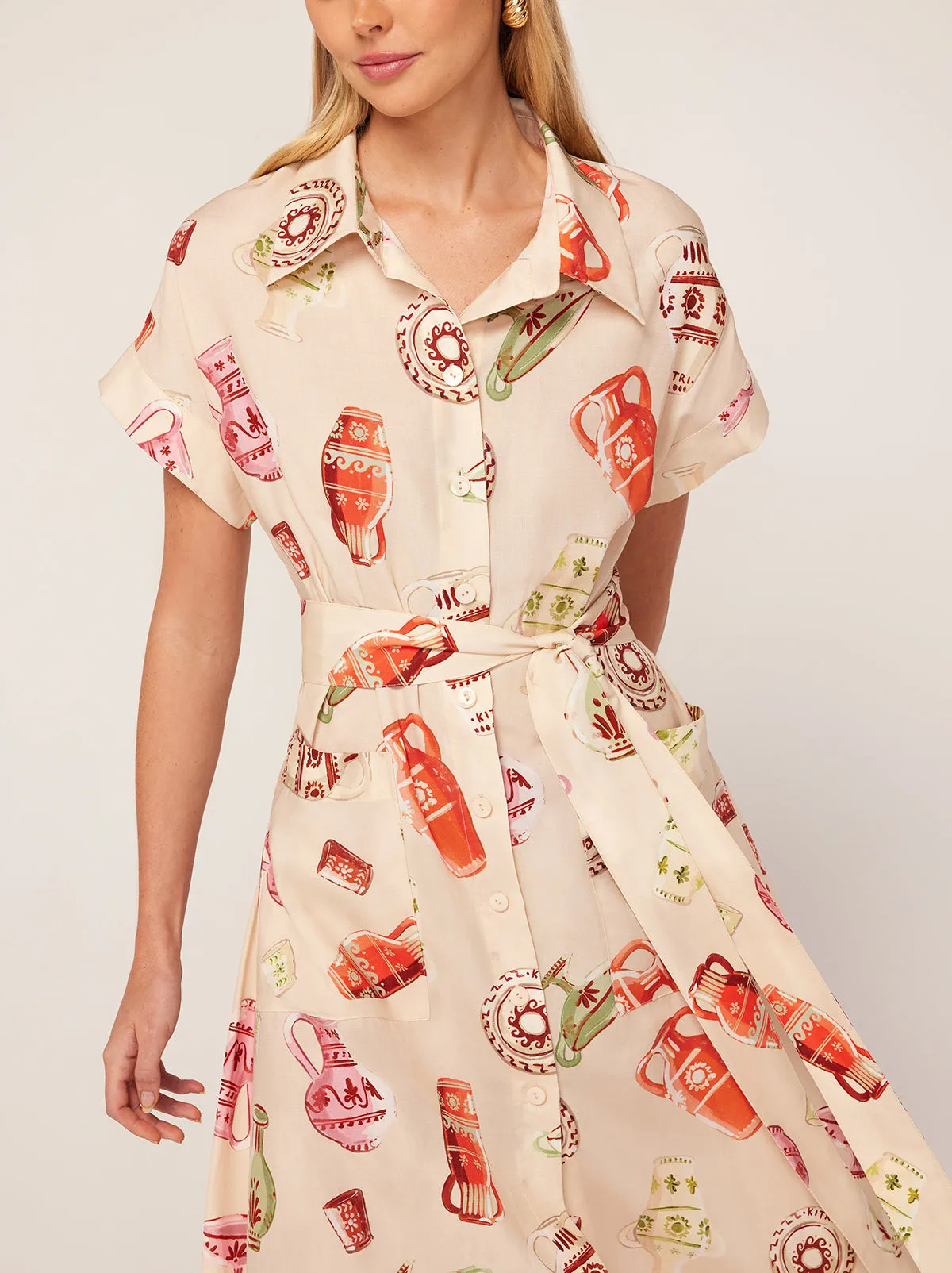 Alessandra Ivory Pottery Print Midi Shirt Dress