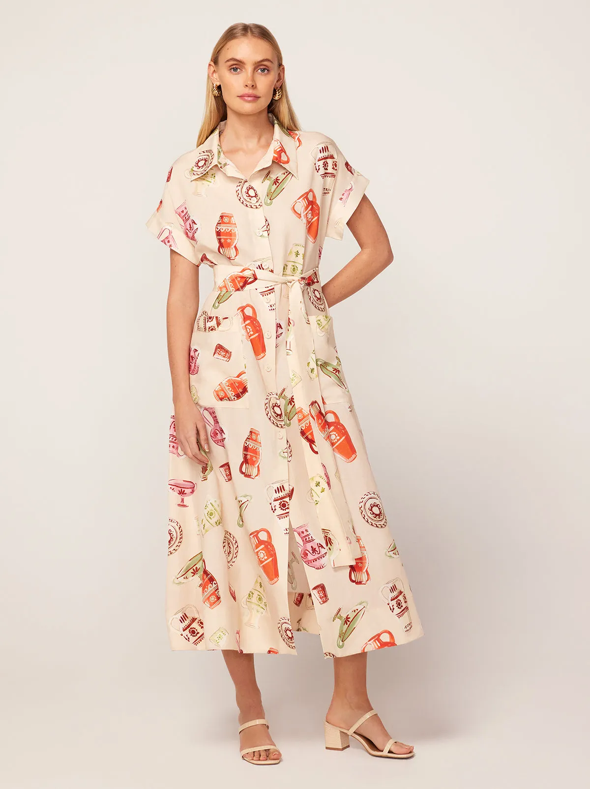 Alessandra Ivory Pottery Print Midi Shirt Dress