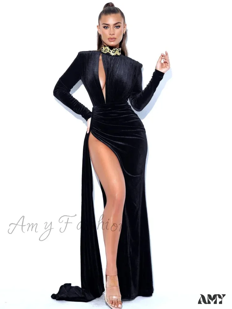 Amy Fashion - Velvet Pleated Slit Elegant Party Dresses