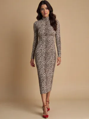 Animal Print Long Sleeve Mock Neck Midi Dress