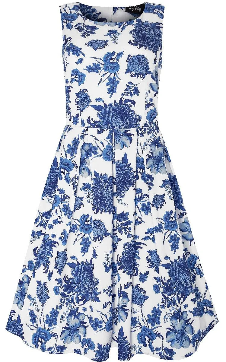 Annie Floral Retro Swing Dress in White with Blue Vintage Flowers