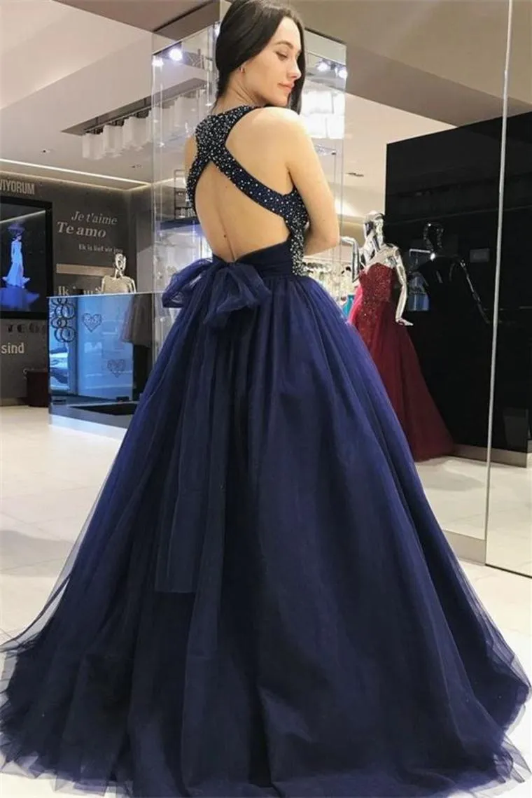 Ball Gown Long Navy Blue Beading Tulle Princess Prom Dresses Quinceanera Dresses