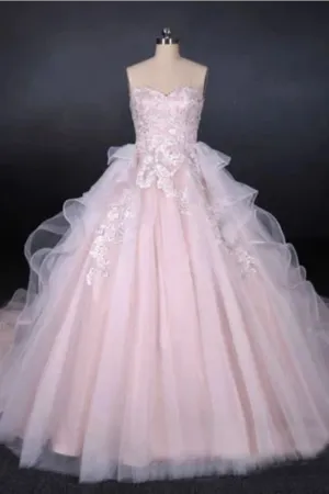 Ball Gown Strapless Sweetheart Wedding Dresses With Lace Applique, Tulle Prom Dresses