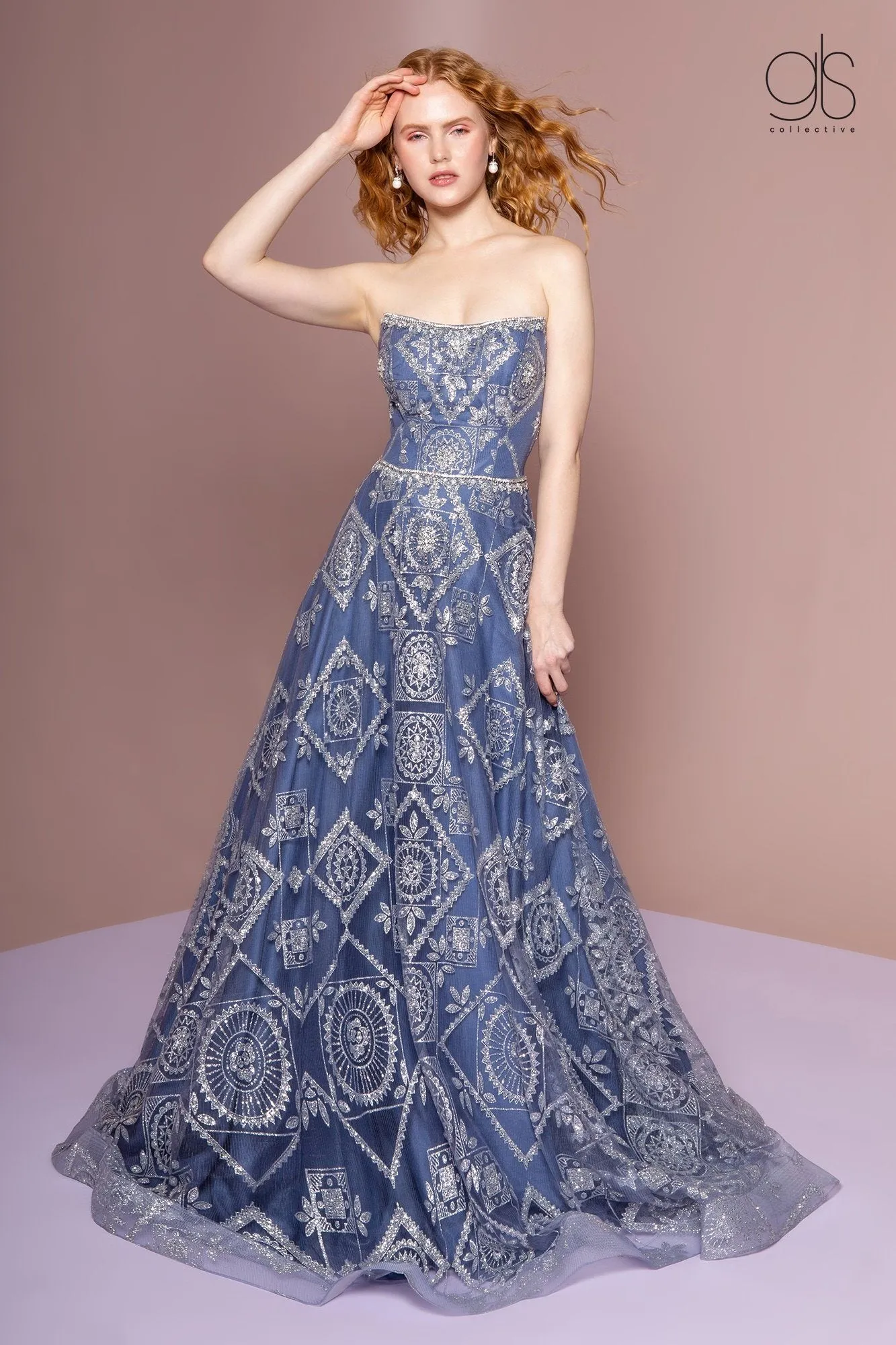 Bead Embellished Long Strapless A-Line Dress by Elizabeth K GL2650