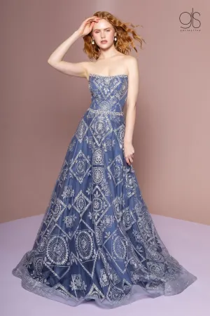 Bead Embellished Long Strapless A-Line Dress by Elizabeth K GL2650