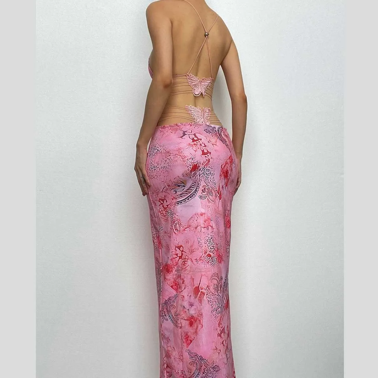 BerriesJam - Butterfly Backless V Neck Maxi Dress