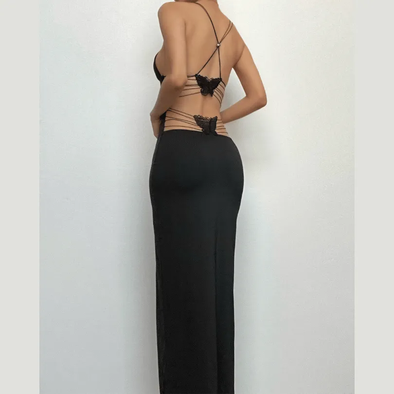 BerriesJam - Butterfly Backless V Neck Maxi Dress