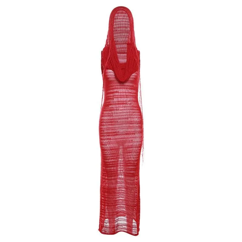 BerriesJam - Crochet Hoodie Sleeveless See Through Maxi Dress