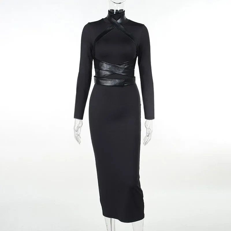 BerriesJam - Cross Front Long Sleeve Pu Leather High Neck Slit Midi Dress