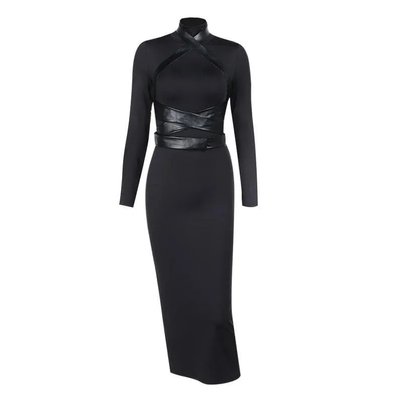 BerriesJam - Cross Front Long Sleeve Pu Leather High Neck Slit Midi Dress