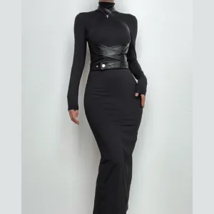 BerriesJam - Cross Front Long Sleeve Pu Leather High Neck Slit Midi Dress