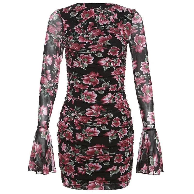 BerriesJam - Flower Print Hollow Out Long Flared Sleeve Cut Out Mini Dress