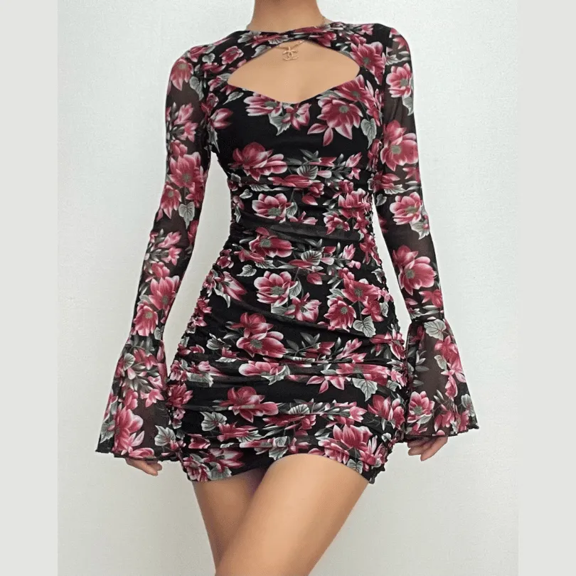 BerriesJam - Flower Print Hollow Out Long Flared Sleeve Cut Out Mini Dress