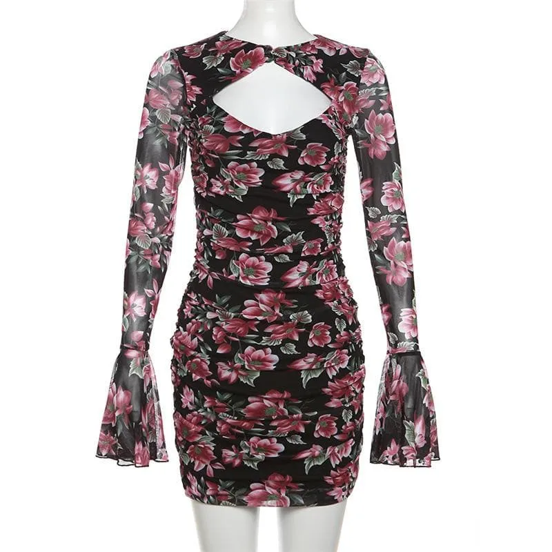 BerriesJam - Flower Print Hollow Out Long Flared Sleeve Cut Out Mini Dress