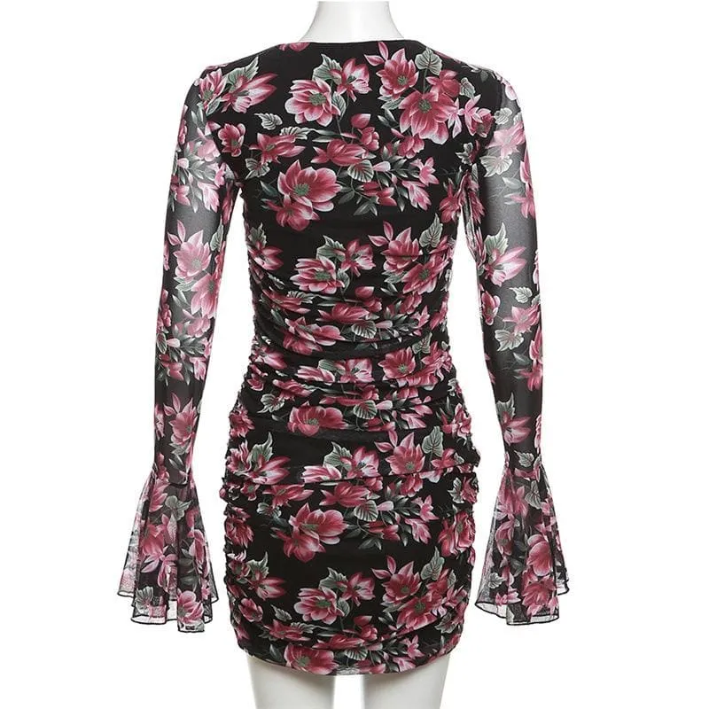 BerriesJam - Flower Print Hollow Out Long Flared Sleeve Cut Out Mini Dress