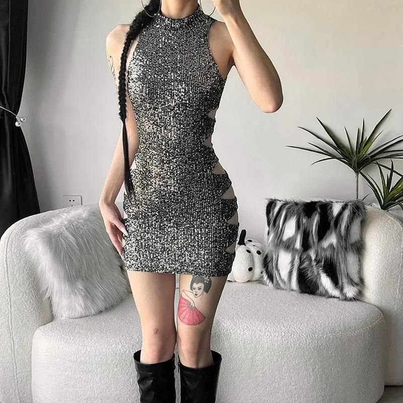 BerriesJam - Glitter Hollow Out Neck Button Sleeveless Cut Out Mini Dress