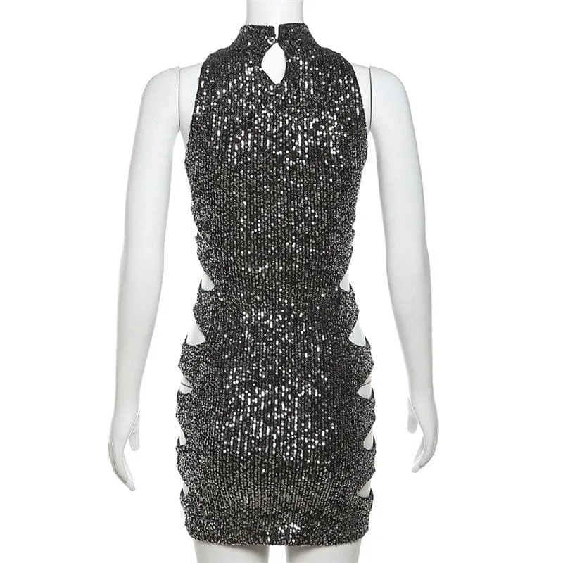 BerriesJam - Glitter Hollow Out Neck Button Sleeveless Cut Out Mini Dress