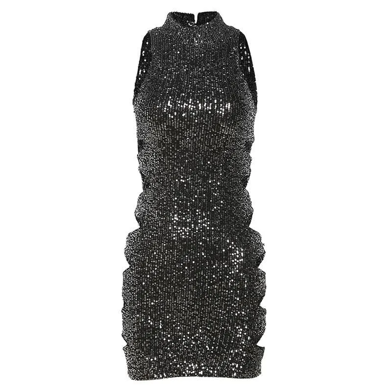 BerriesJam - Glitter Hollow Out Neck Button Sleeveless Cut Out Mini Dress