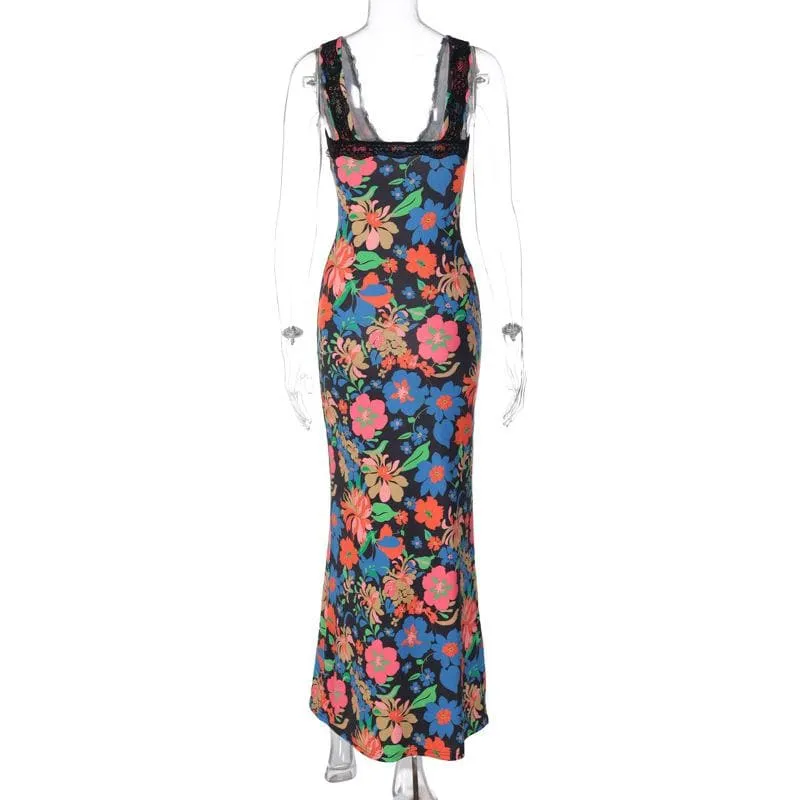 BerriesJam - Lace Sleeveless V Neck Flower Print Contrast Maxi Dress