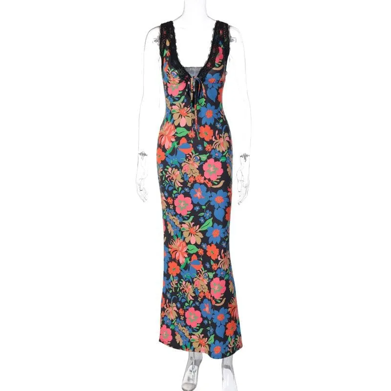 BerriesJam - Lace Sleeveless V Neck Flower Print Contrast Maxi Dress