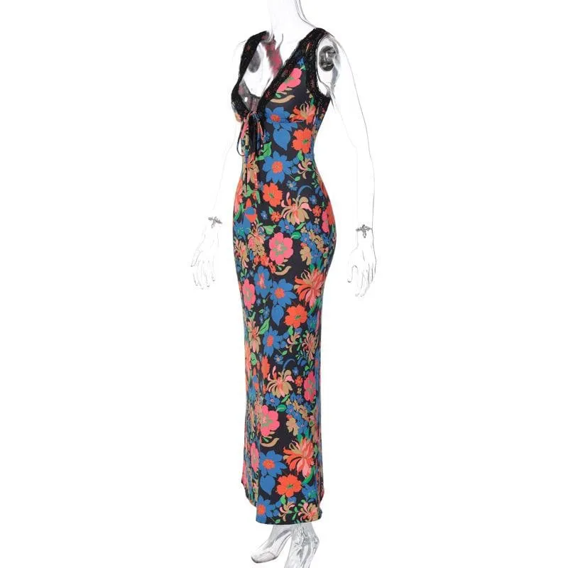 BerriesJam - Lace Sleeveless V Neck Flower Print Contrast Maxi Dress