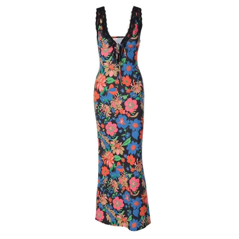 BerriesJam - Lace Sleeveless V Neck Flower Print Contrast Maxi Dress