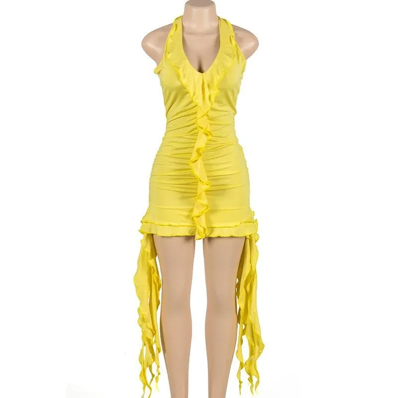 BerriesJam - Self Tie Halter Ruffle V Neck Ribbon Backless Mini Dress